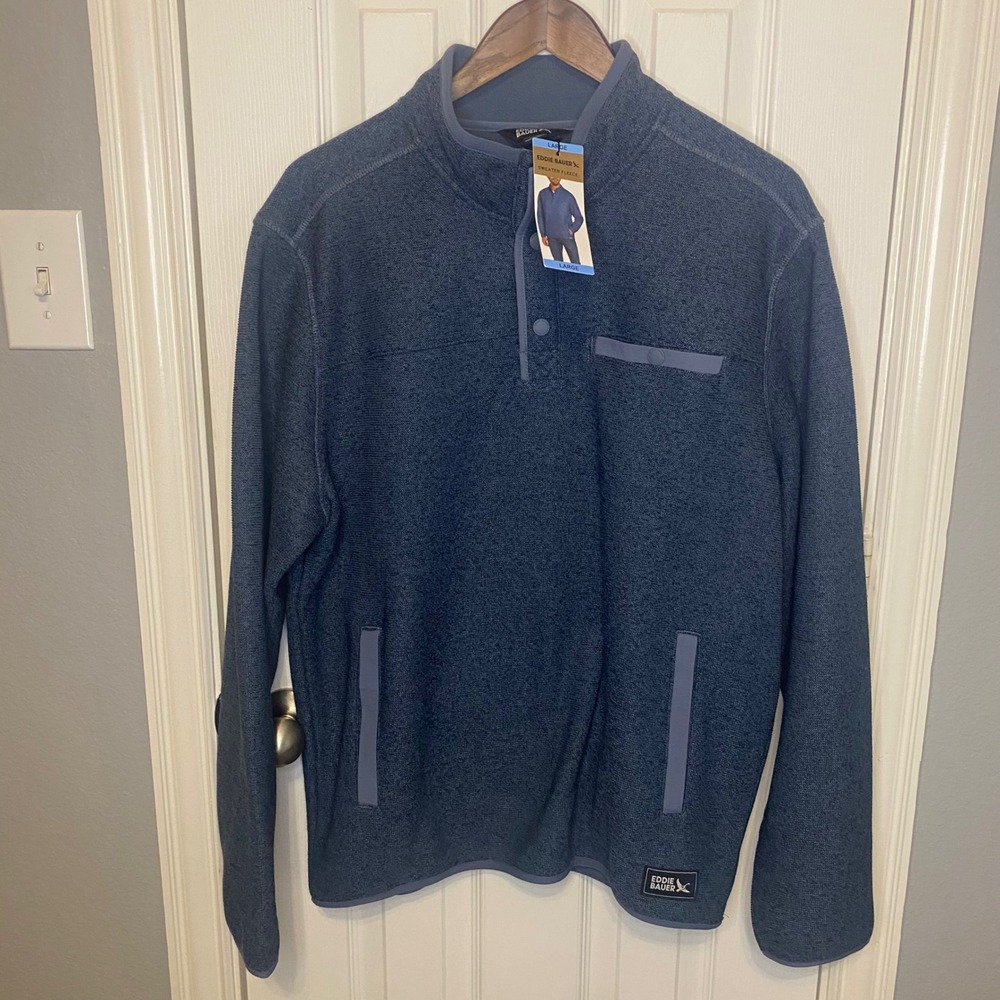 Eddie Bauer‎ Mens Large Sweater Fleece Pullover Blue Snap Mock Neck NWT